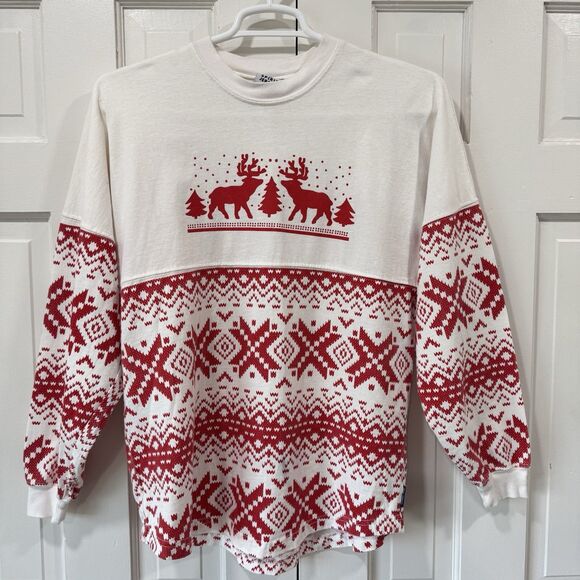 Spirit Jersey Vintage “Let It Snow” Red Snow Flakes Moose Fair Isle Shirt Size S - Picture 2 of 11